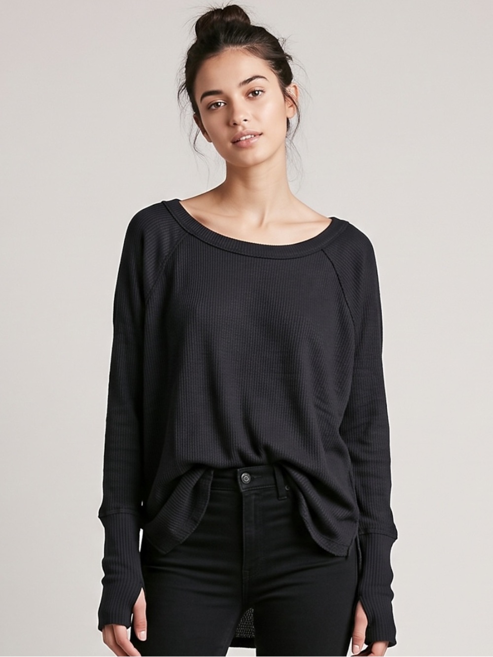 Free People We The Free Black Oversized Waffle Knit Thermal Top Thumbholes XS